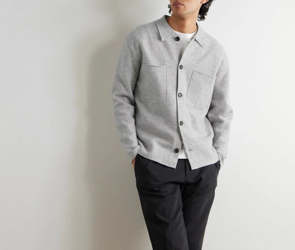NN07 Shirt Mens Small Grey Button Up Overshirt 100% Wool Front Pocket JONAS $330
